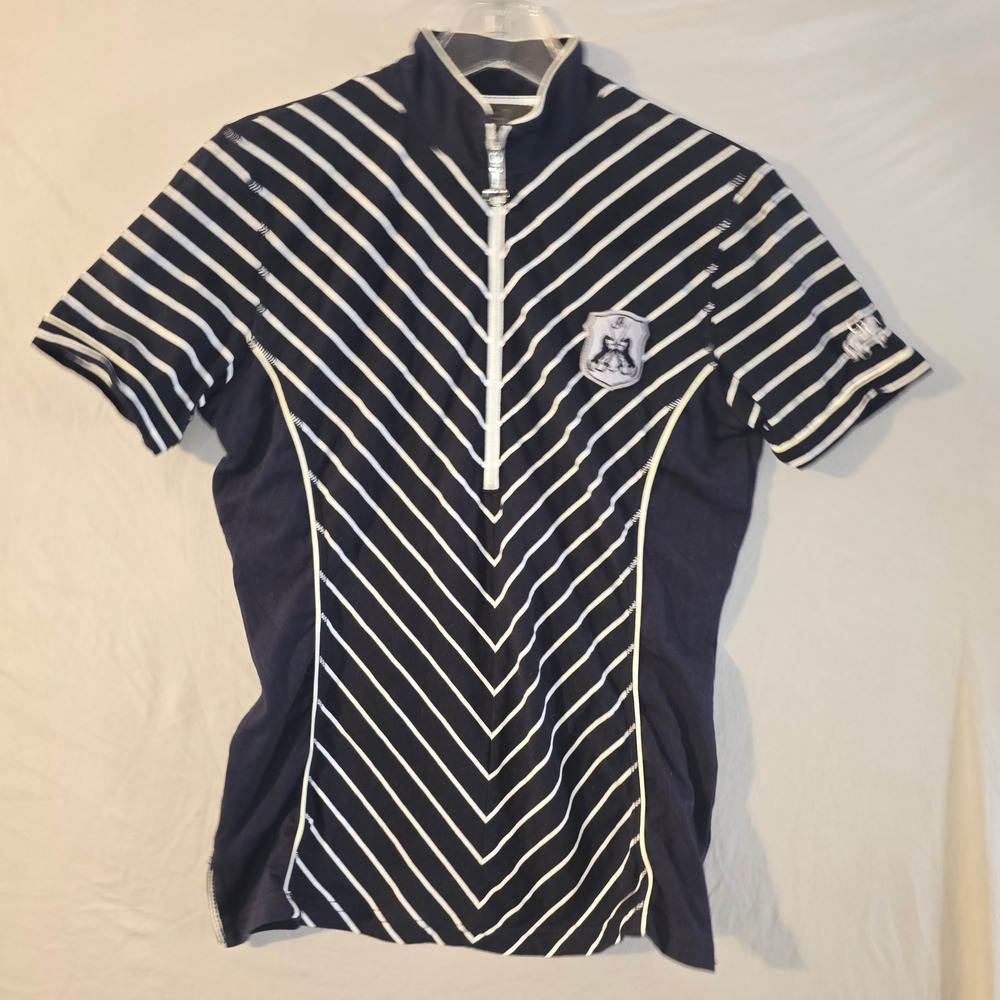 Goode Rider Shirt Large Women Navy White Striped Quarter Zip Equestrian Sporty